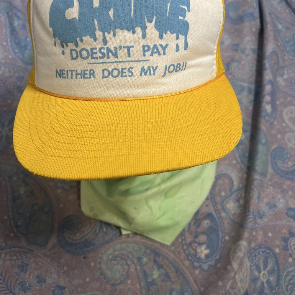 Vintage Crime Doesnt Pay Neither Does My Job Trucker Hat Yellow White Snapback - Picture 3 of 16